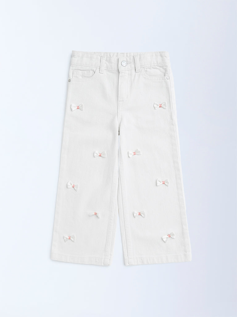 Buy HOP Kids White Bow-Detailed Wide-Leg Mid-Rise Jeans from Westside