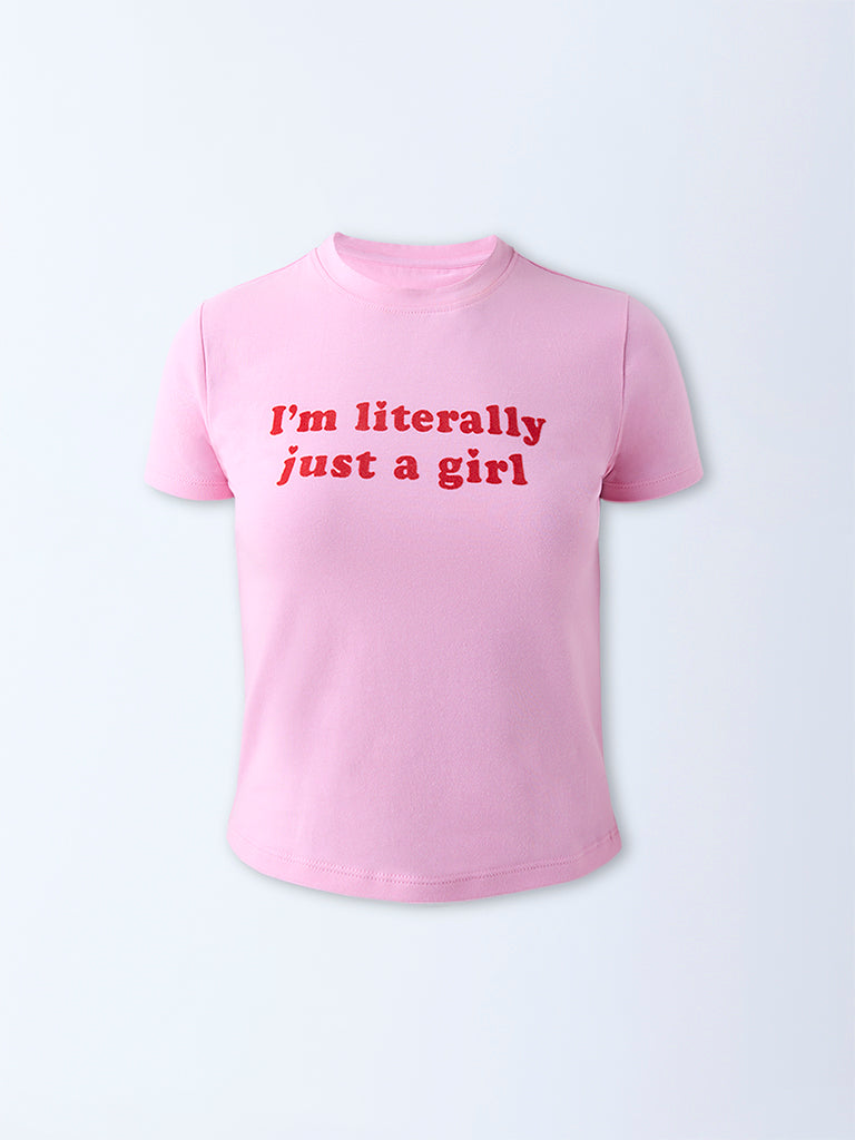 Westside Superstar Women's Pink Text Detailed Cotton-Blend T-Shirt for Casual Wear Flatly