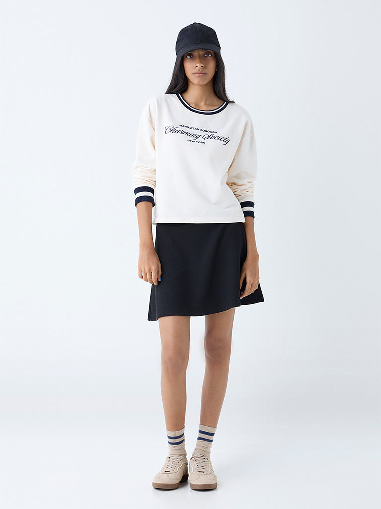 Studiofit Cream Text Detailed Cotton Sweatshirt