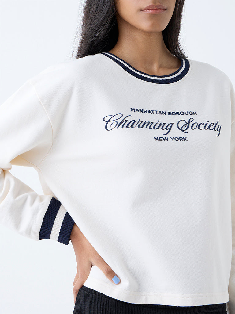Studiofit Cream Text Detailed Cotton Sweatshirt