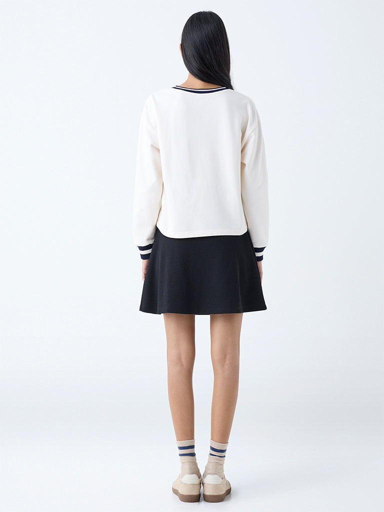 Studiofit Cream Text Detailed Cotton Sweatshirt
