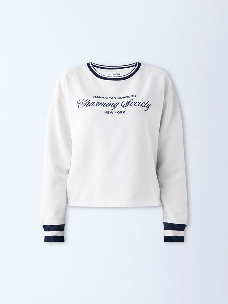 Studiofit Cream Text Detailed Cotton Sweatshirt