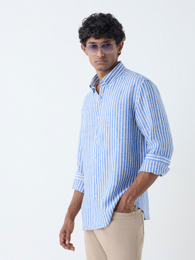 Westside Ascot Men's Blue Striped Relaxed-Fit Linen Shirt for Casual Wear Front view