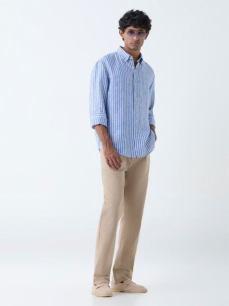 Westside Ascot Men's Blue Striped Relaxed-Fit Linen Shirt for Casual Wear Full View