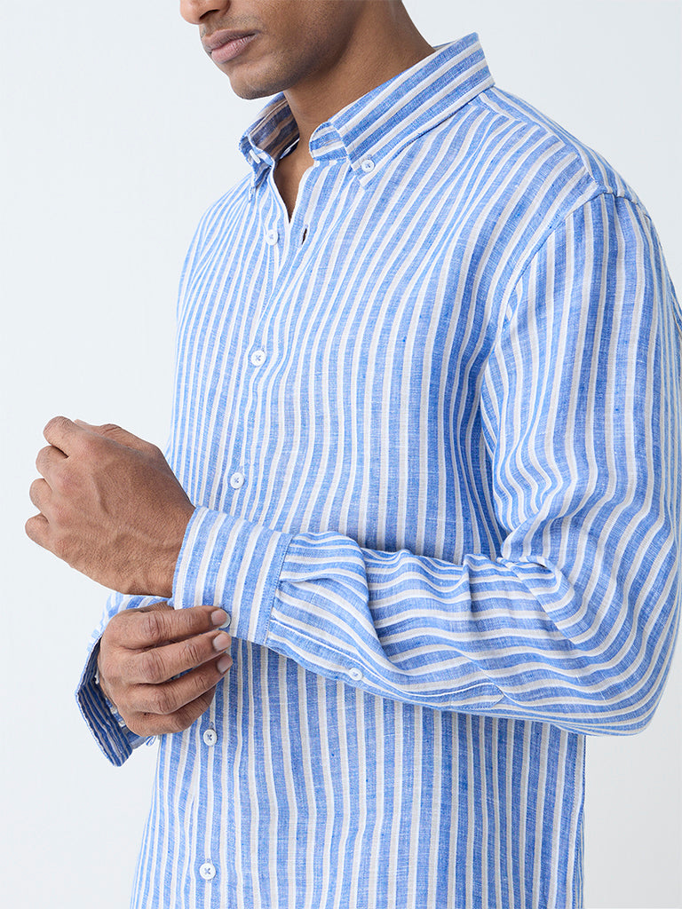 Westside Ascot Men's Blue Striped Relaxed-Fit Linen Shirt for Casual Wear Zoomed View