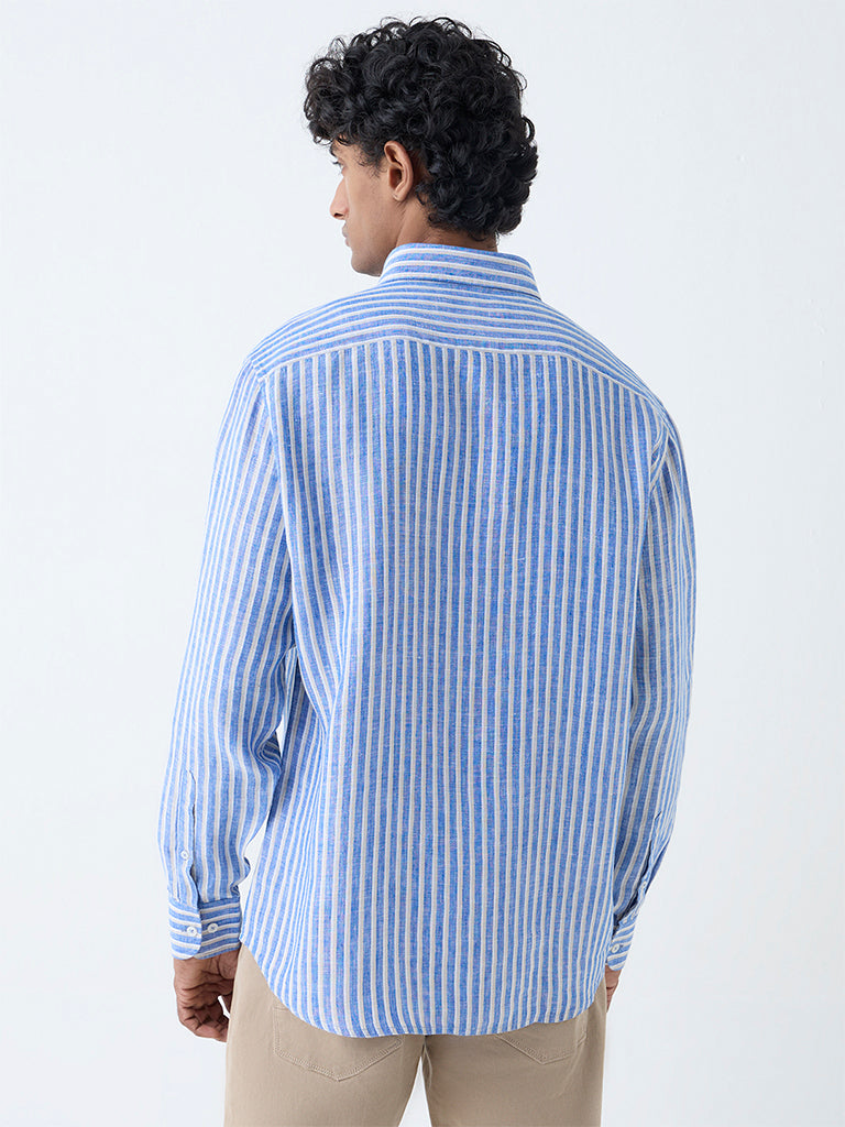 Westside Ascot Men's Blue Striped Relaxed-Fit Linen Shirt for Casual Wear Back View