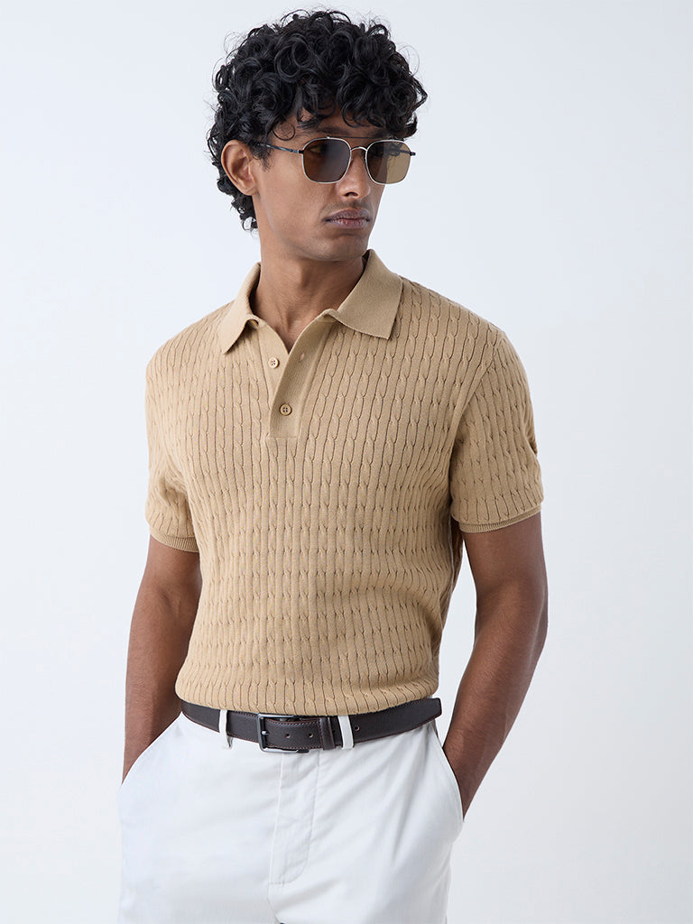 Westside Ascot Men's Beige Cable-Knit Relaxed-Fit Cotton Polo T-Shirt for Casual Wear Front View