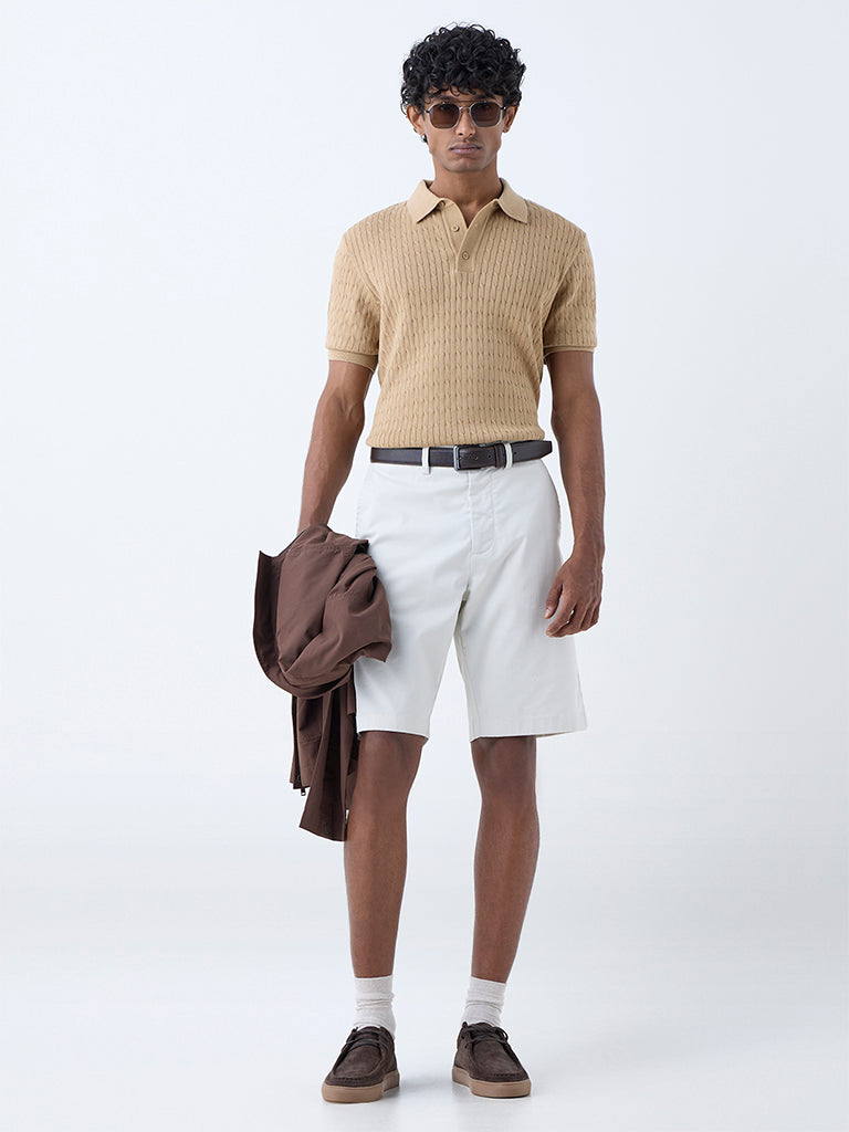 Westside Ascot Men's Beige Cable-Knit Relaxed-Fit Cotton Polo T-Shirt for Casual Wear Full View