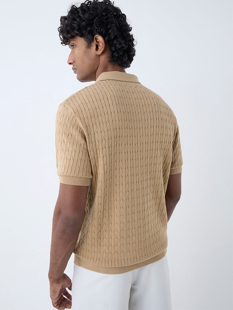 Westside Ascot Men's Beige Cable-Knit Relaxed-Fit Cotton Polo T-Shirt for Casual Wear Back View