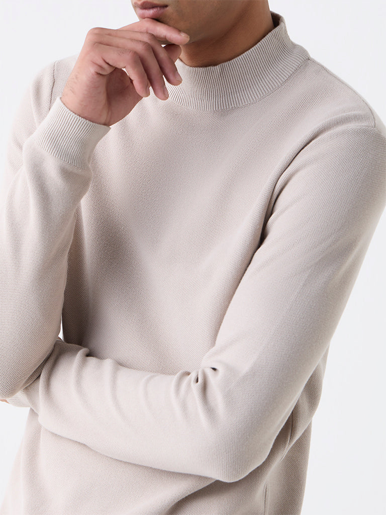 WES Formals Beige Solid Slim-Fit Sweater