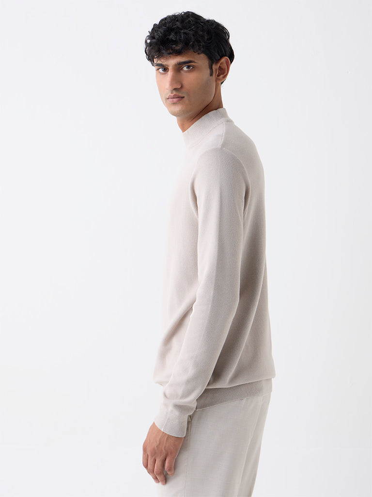 WES Formals Beige Solid Slim-Fit Sweater
