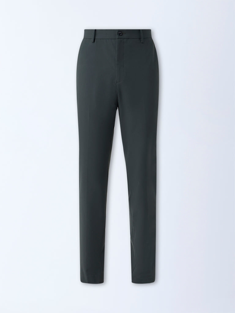 WES Formals Dark Green Solid Slim-Fit Mid-Rise Trousers