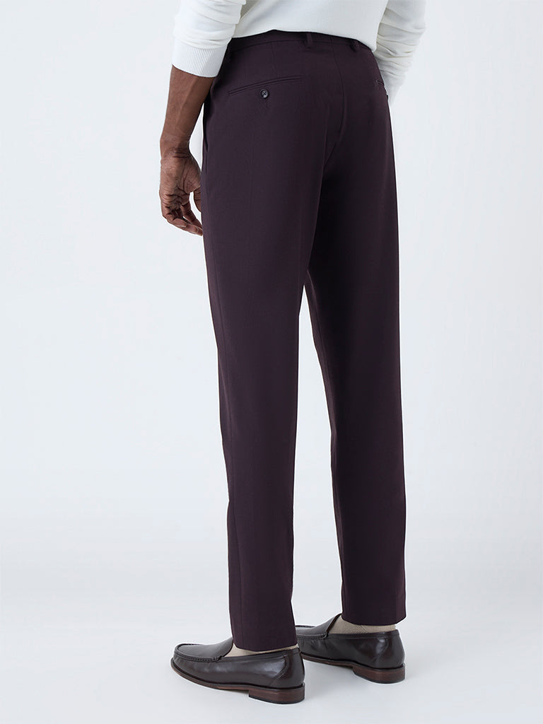WES Formals Wine Solid Slim-Fit Mid-Rise Trousers