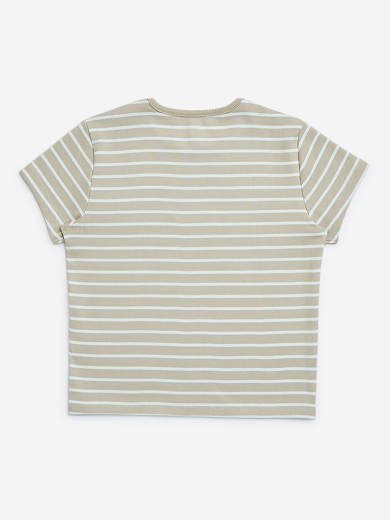 Y&F Kids Beige Stripe Printed Cotton-Blend T-Shirt
