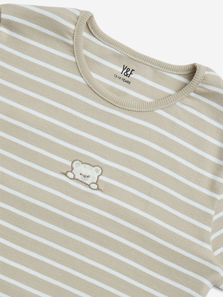 Y&F Kids Beige Stripe Printed Cotton-Blend T-Shirt