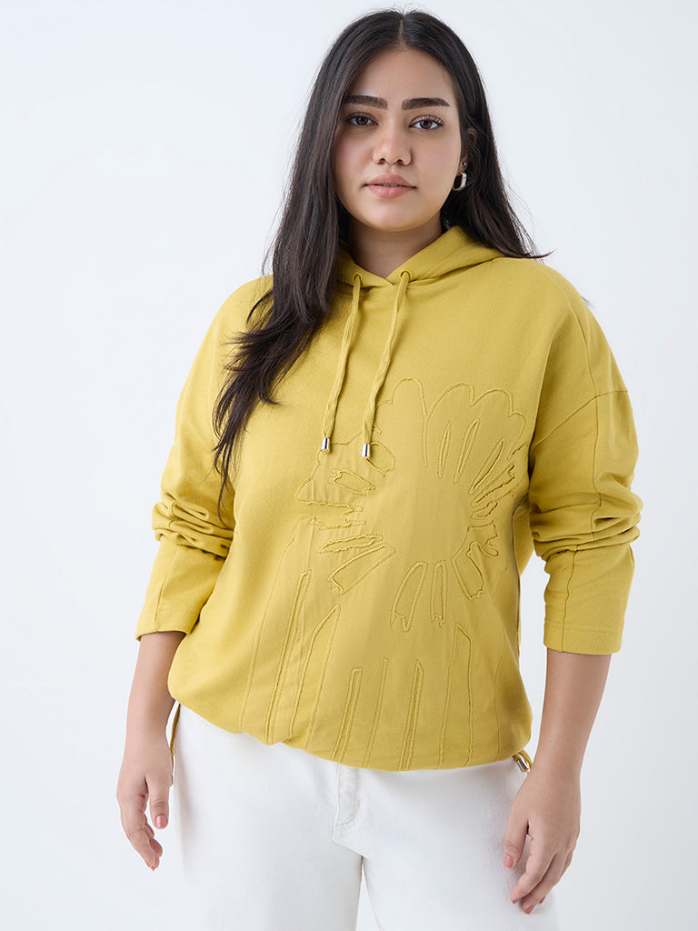 Westside Gia Women's Mustard Floral Embroidered Cotton Hoodie for Winter Wear Front View