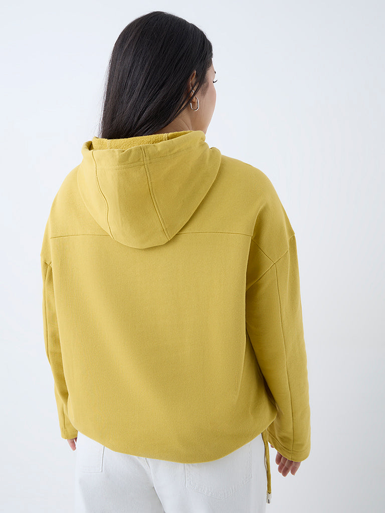 Westside Gia Women's Mustard Floral Embroidered Cotton Hoodie for Winter Wear Back View