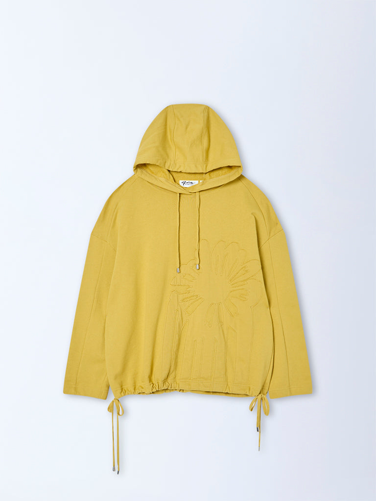 Westside Gia Women's Mustard Floral Embroidered Cotton Hoodie for Winter Wear Flatly