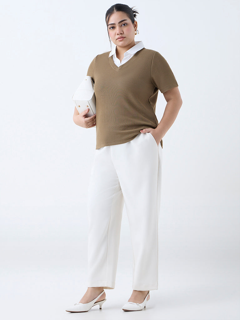 Buy Gia Brown Ribbed-Textured Polo T-Shirt from Westside