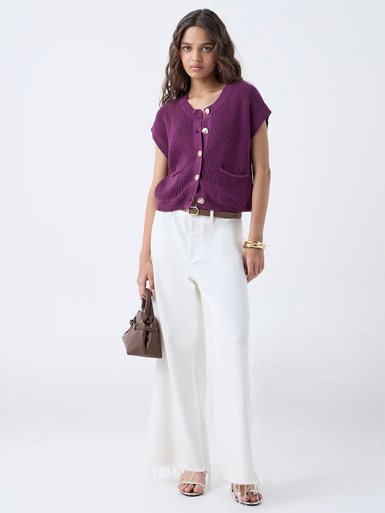 Buy LOV Purple Self-Striped Cotton-Blend Cardigan from Westside