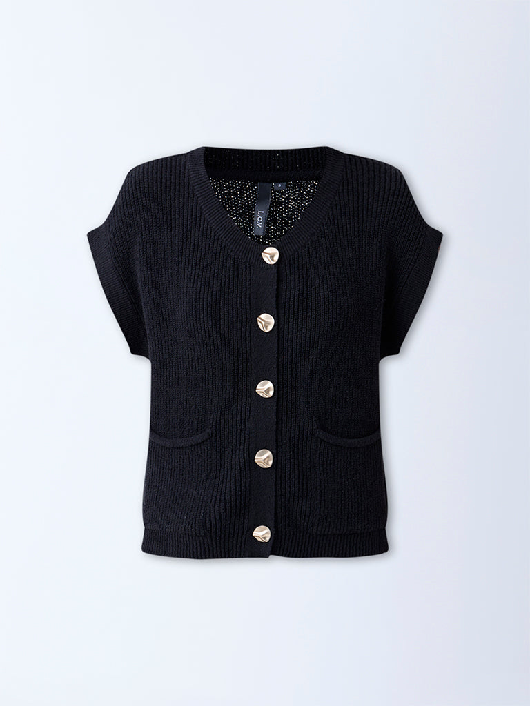 LOV Black Self-Striped Cotton-Blend Cardigan