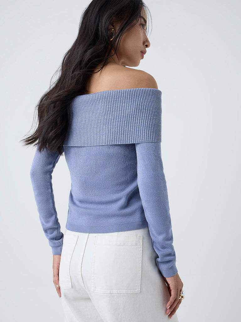 LOV Dusty Blue Knit Textured Off-Shoulder Top