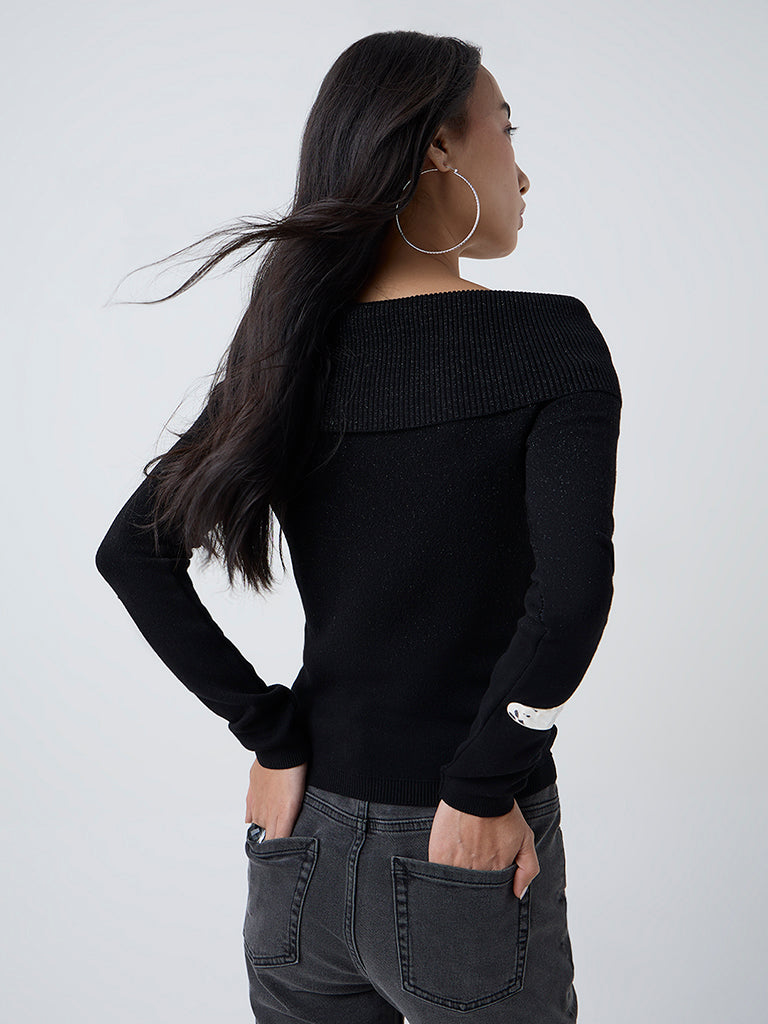 LOV Black Knit-Textured Off-Shoulder Top