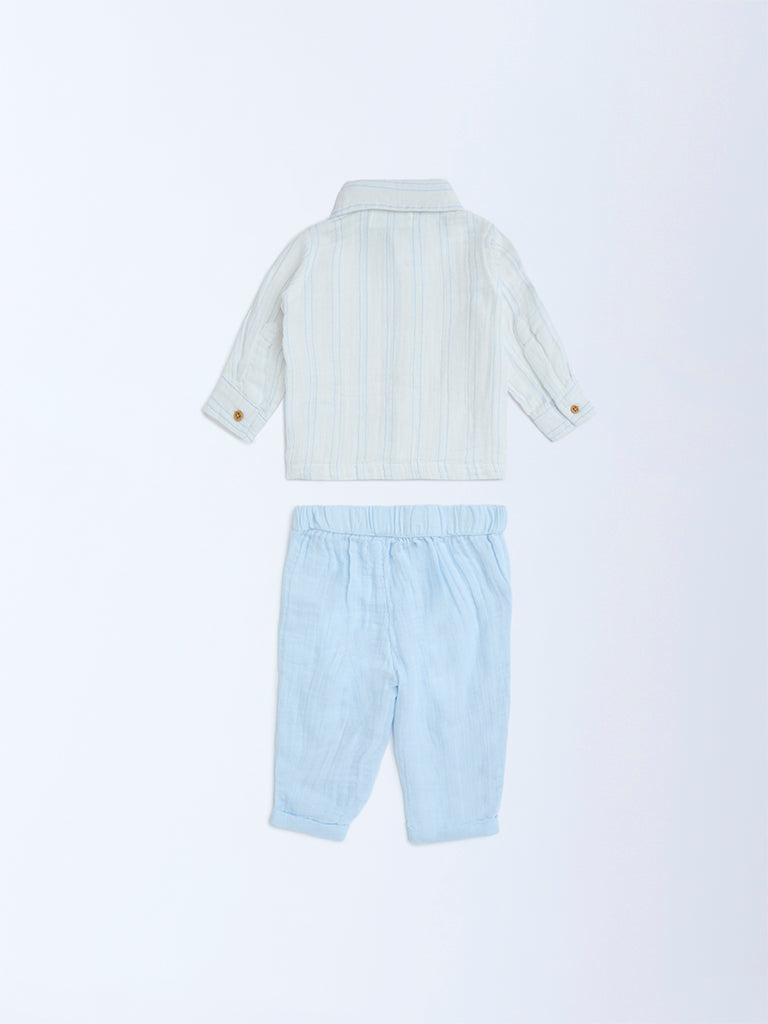 HOP Baby Blue Striped Cotton Shirt and Pants Set