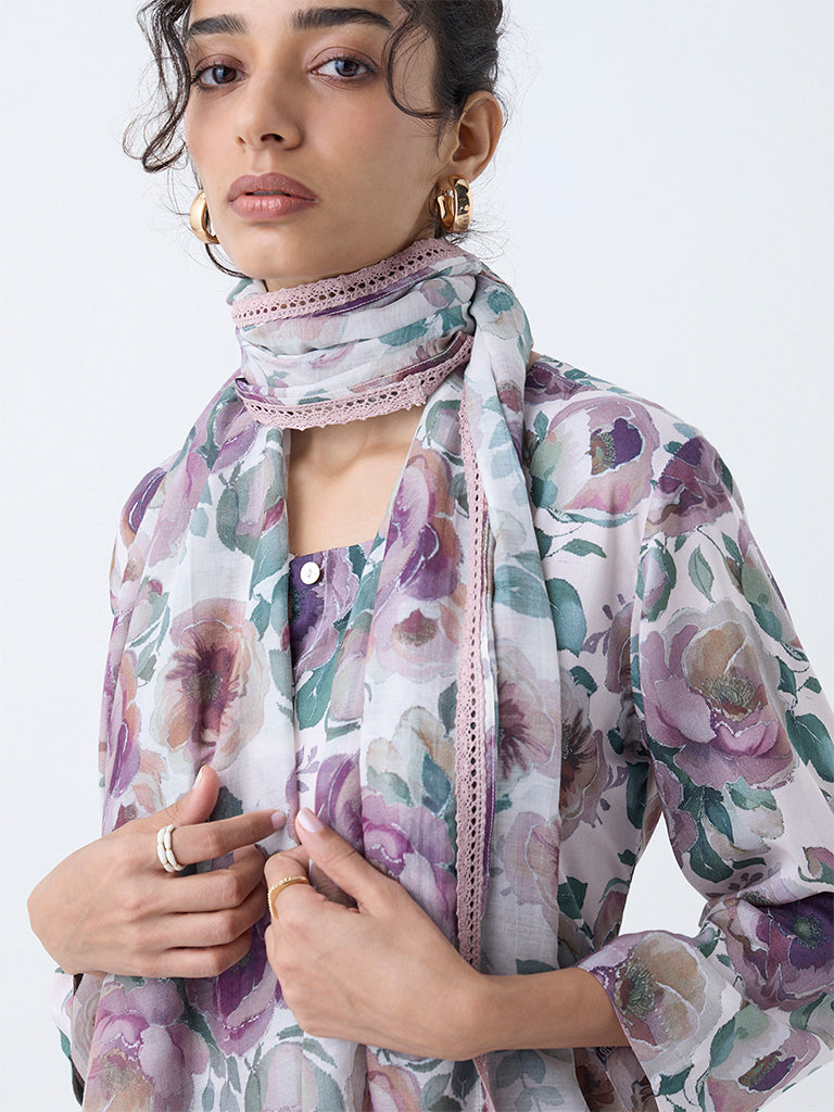 Zuba Off-White Floral Printed Cotton-Blend Dupatta