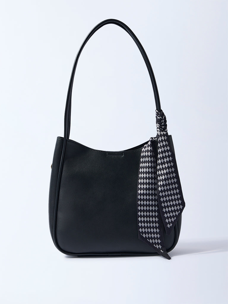 Buy Westside Black Solid Bucket Shoulder Bag with Scarf and Pouch - Main Image