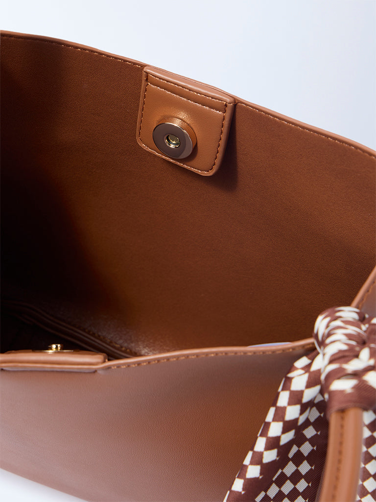 Westside Brown Solid Bucket Shoulder Bag with Scarf and Pouch