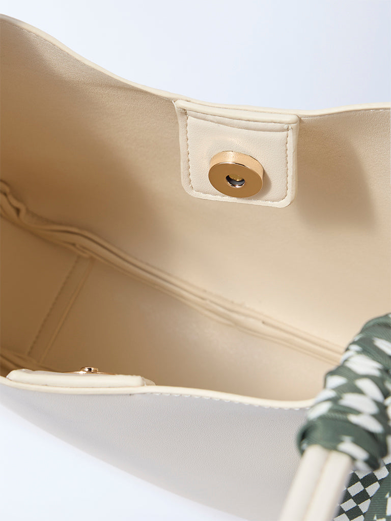 Westside Off-White Solid Bucket Shoulder Bag with Scarf and Pouch