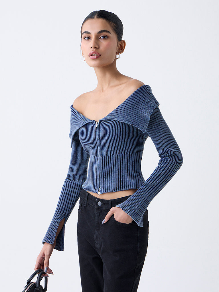 Buy Nuon Dusty Blue Off-Shoulder Ribbed Cotton Top from Westside