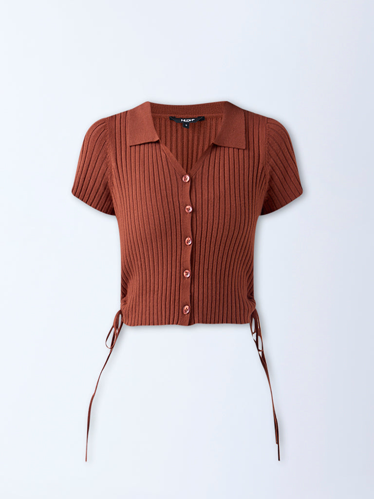 Nuon Brown Ribbed-Textured Top