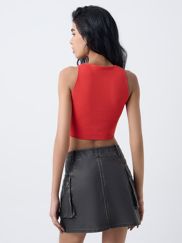 Nuon Red Knit-Textured Crop Top