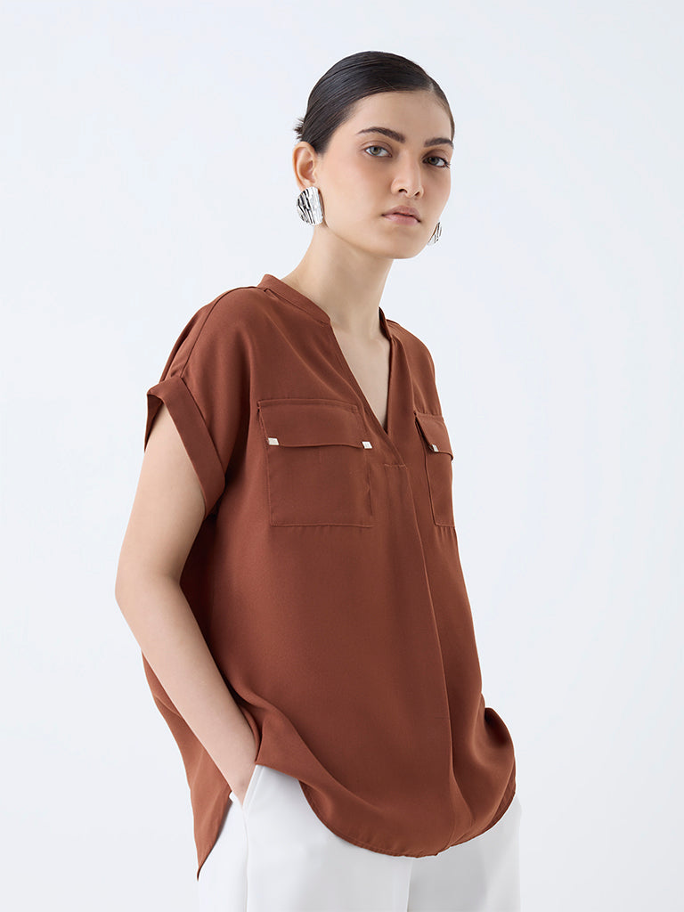 Westside Wardrobe Women's Tan Solid Top for Work Wear Front view