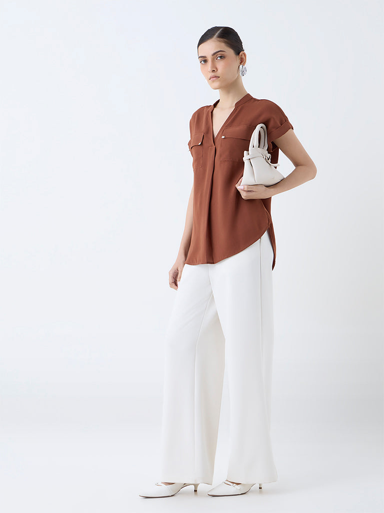 Westside Wardrobe Women's Tan Solid Top for Work Wear Full View