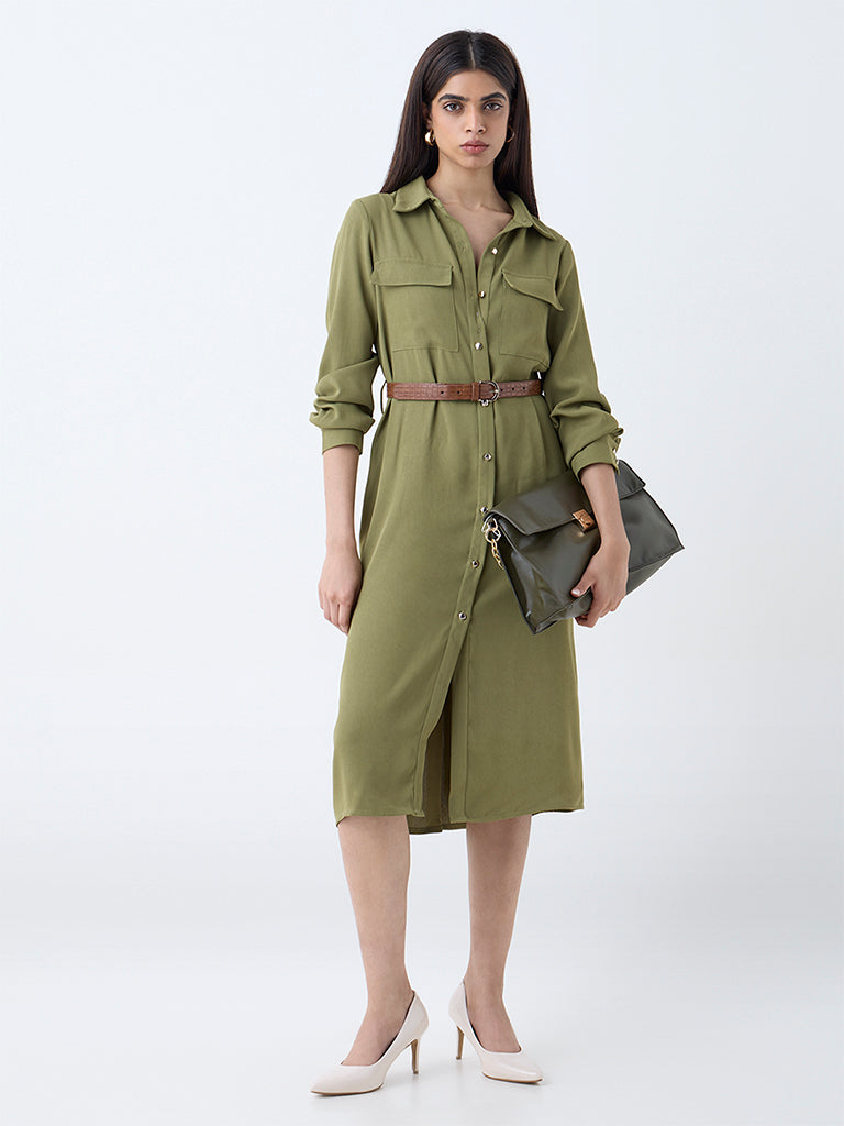 Buy Wardrobe Olive Solid Shirt Dress with Belt from Westside Buy Wardrobe Olive Solid Shirt Dress with Belt from Westside