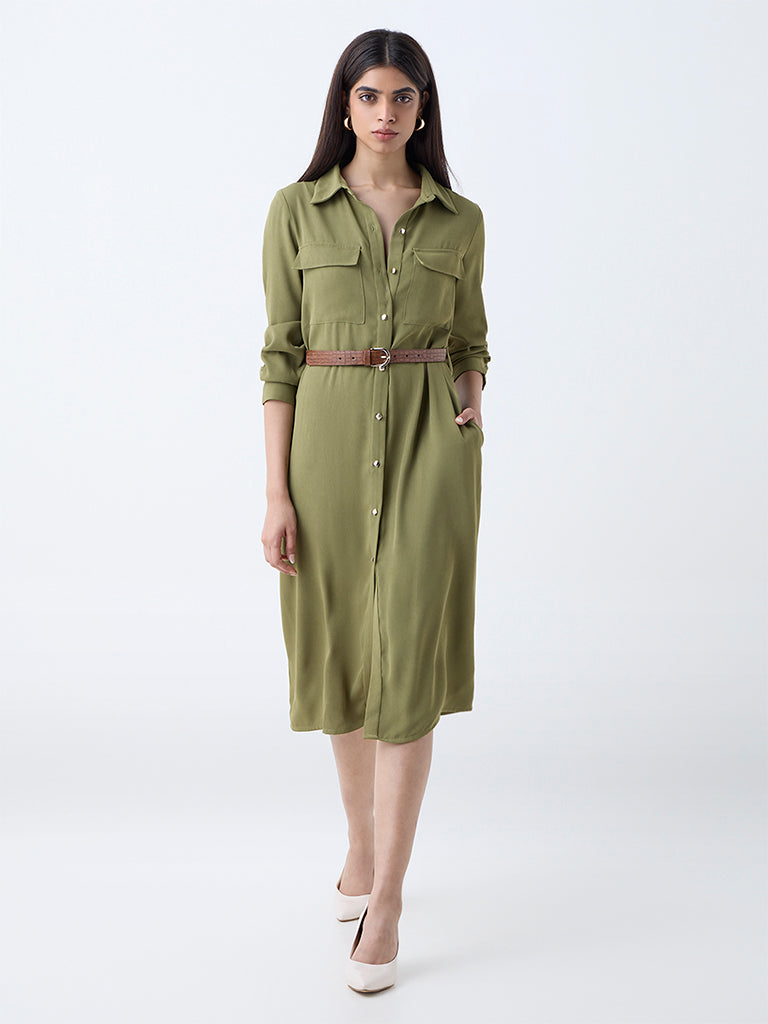 Wardrobe Olive Solid Shirt Dress with Belt