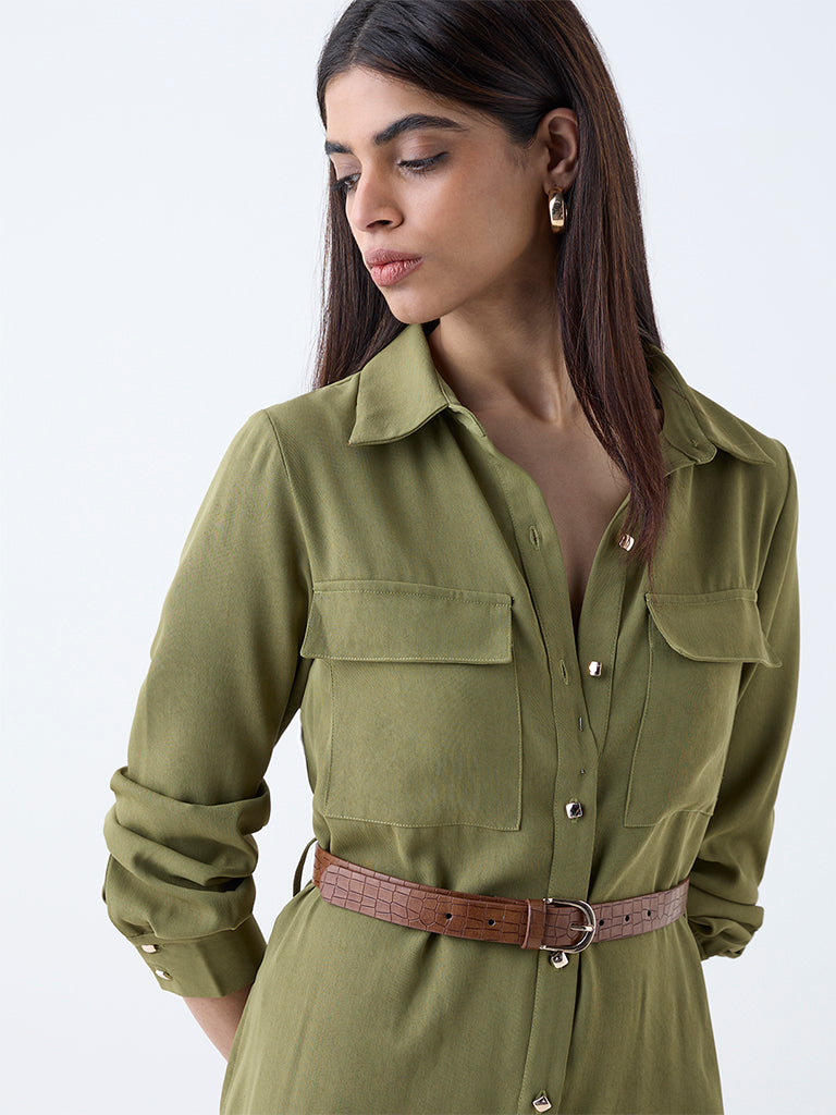 Wardrobe Olive Solid Shirt Dress with Belt