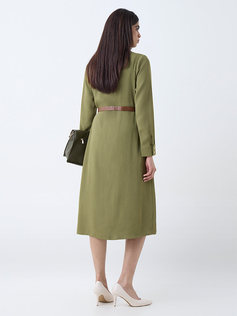 Wardrobe Olive Solid Shirt Dress with Belt