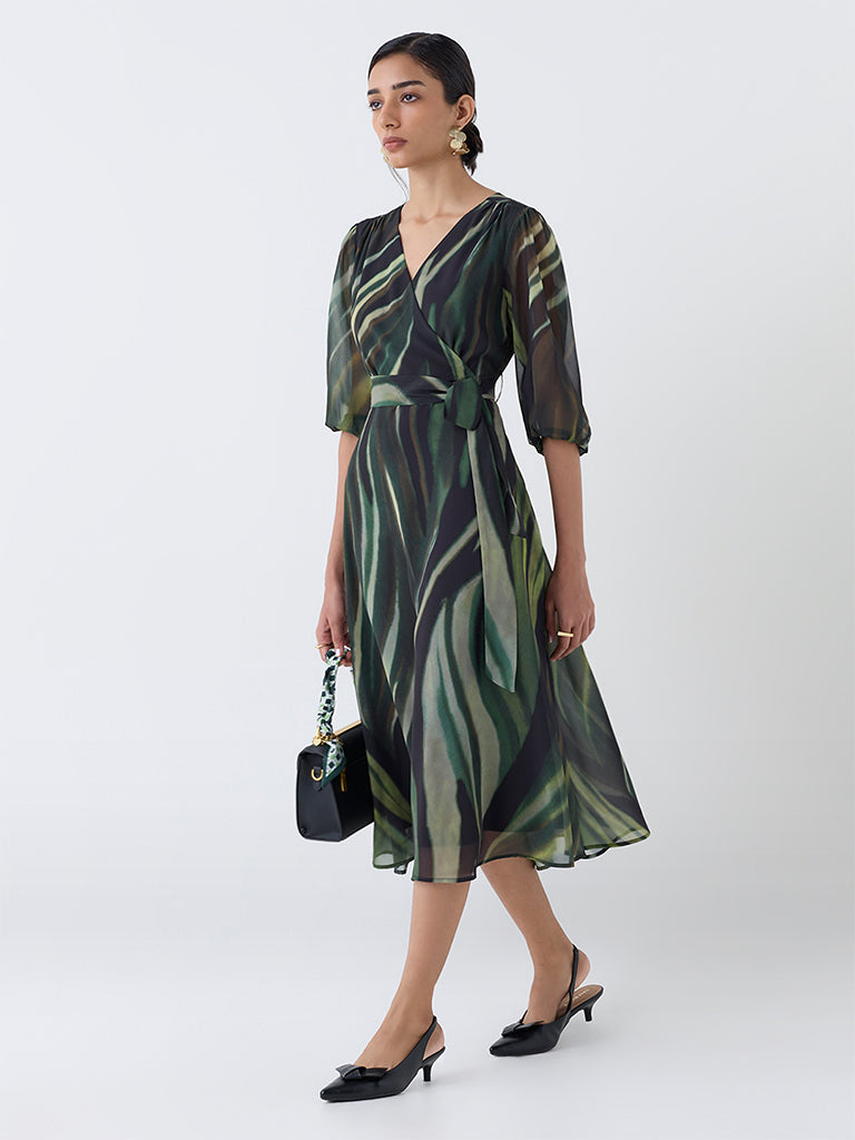 Westside Wardrobe Women's Olive Self-Textured A-Line Dress with Belt for Work Wear Full View