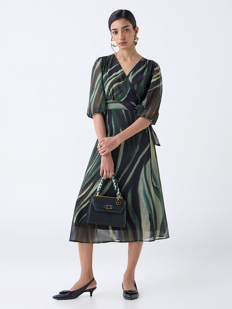 Westside Wardrobe Women's Olive Self-Textured A-Line Dress with Belt for Work Wear Front view