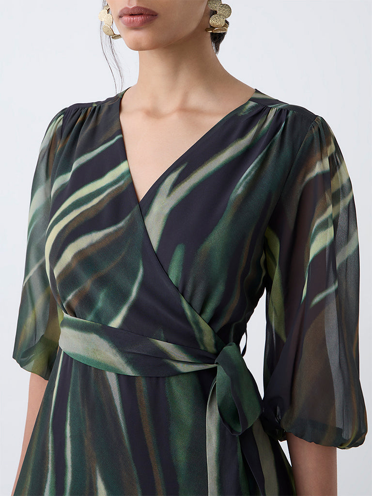 Westside Wardrobe Women's Olive Self-Textured A-Line Dress with Belt for Work Wear Zoomed View
