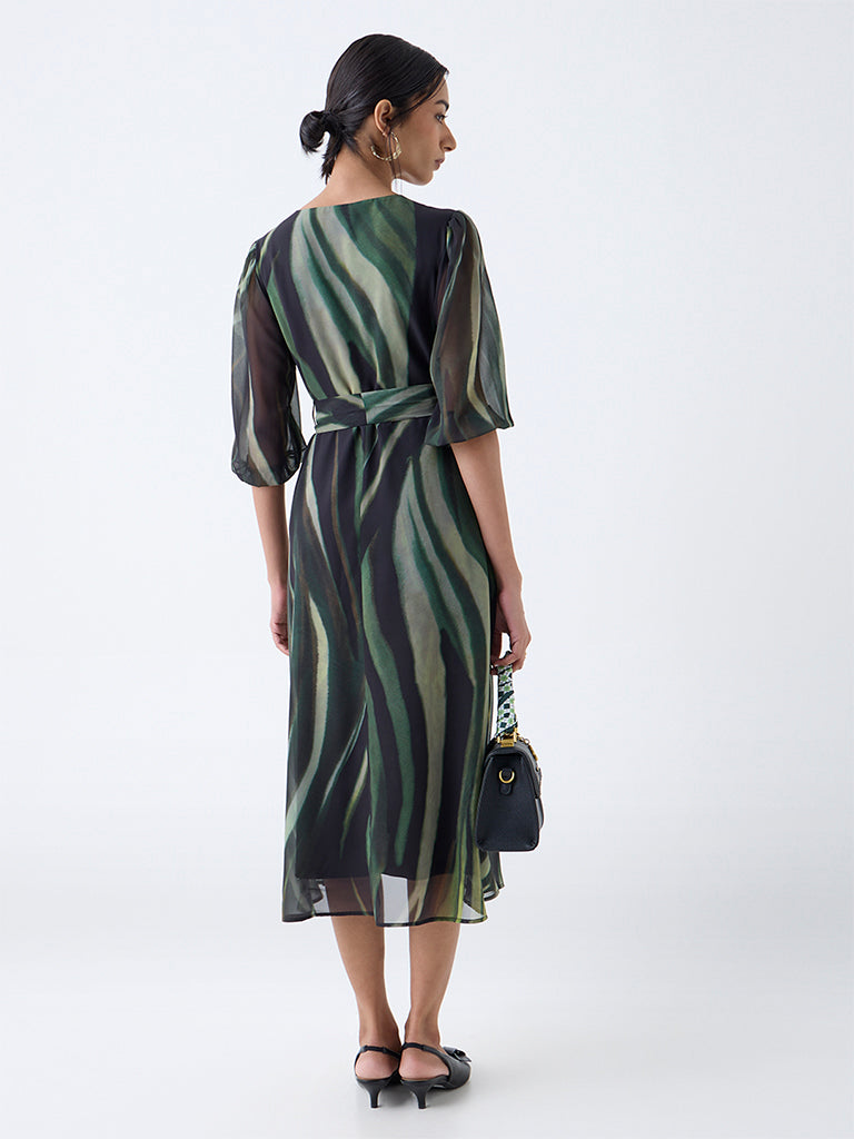 Westside Wardrobe Women's Olive Self-Textured A-Line Dress with Belt for Work Wear Back View