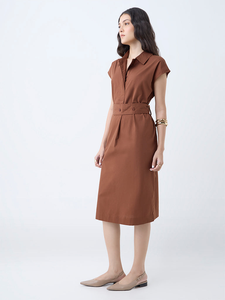 Wardrobe Tan Solid Cotton A-Line Dress with Belt