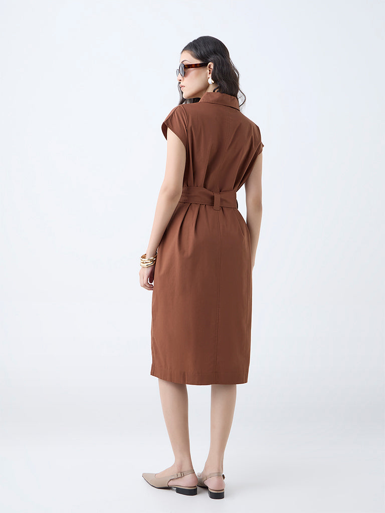 Wardrobe Tan Solid Cotton A-Line Dress with Belt