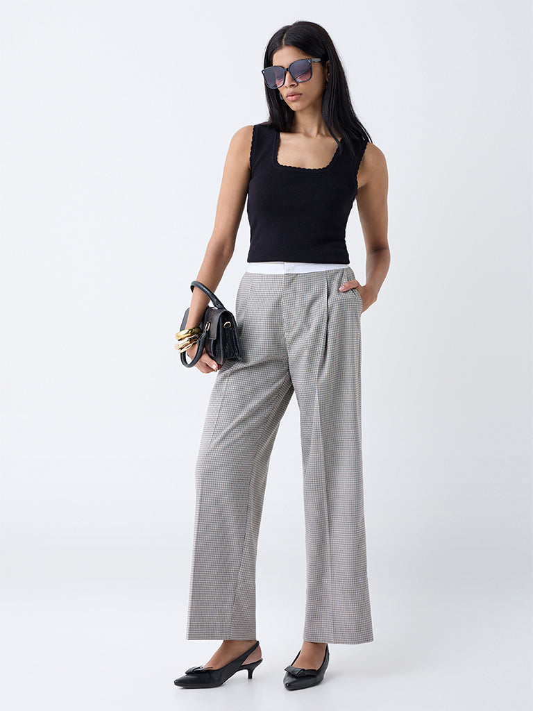 Wardrobe Black Plaid Printed High-Rise Trousers