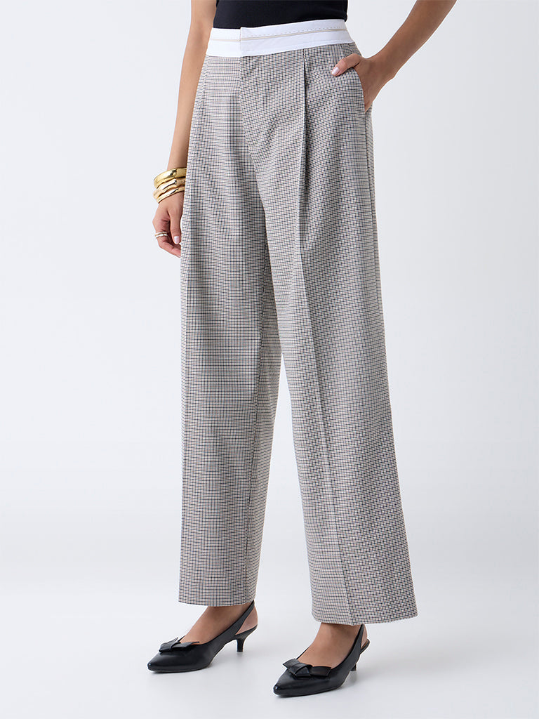 Wardrobe Black Plaid Printed High-Rise Trousers