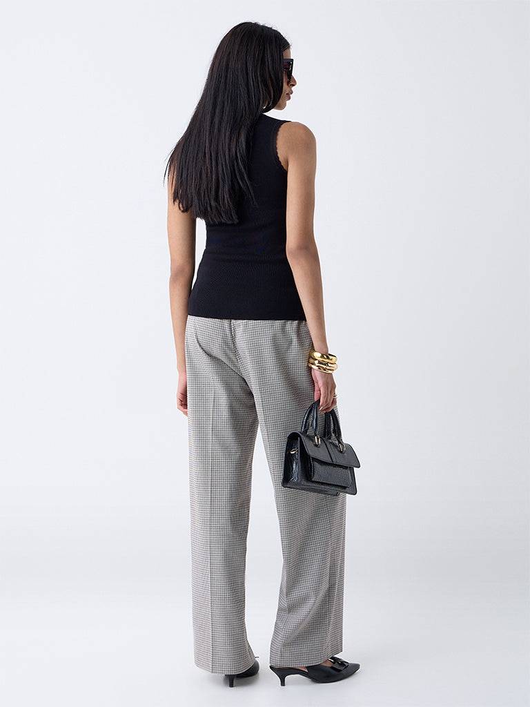 Wardrobe Black Plaid Printed High-Rise Trousers